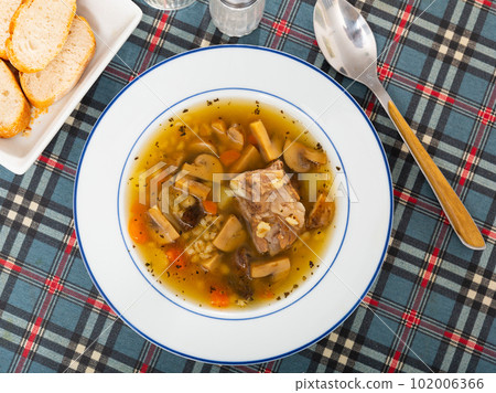 Soup with mushroom, pork, vegetables and pearl barley Soup with mushroom, pork, vegetables and pearl barley 102006366