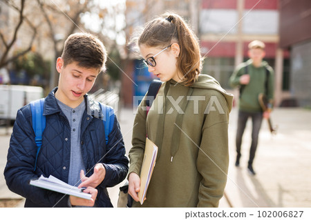 Teenage girl and boy talking outside Teenage girl and boy talking outside 102006827