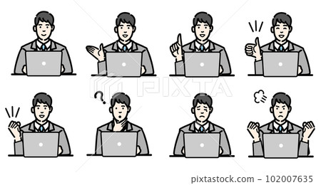 一組手勢，一個穿著西裝的年輕人坐在筆記本電腦前的手勢 102007635