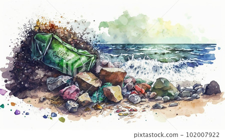 Watercolor painting of many garbage washed up on the coast 102007922