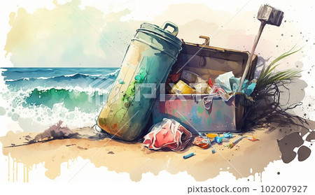 許多垃圾的水彩畫被沖上海岸 102007927