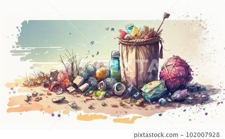 Watercolor painting of many garbage washed up on the coast 102007928