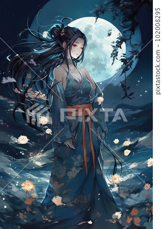 Japanese cartoon anime girl in a kimono dress in a flower field on a full moon 102008295