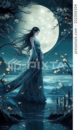 Japanese cartoon anime girl in a kimono dress in a flower field on a full moon Japanese cartoon anime girl in a kimono dress in a flower field on a full moon 102008304
