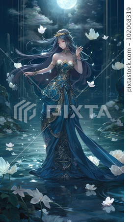 Japanese cartoon anime girl in a kimono dress in a flower field on a full moon Japanese cartoon anime girl in a kimono dress in a flower field on a full moon 102008319