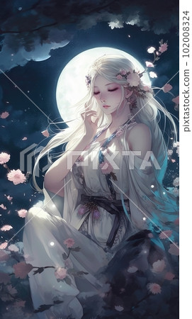 Japanese cartoon anime girl in a kimono dress in a flower field on a full moon Japanese cartoon anime girl in a kimono dress in a flower field on a full moon 102008324