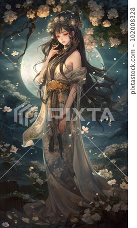 Japanese cartoon anime girl in a kimono dress in a flower field on a full moon 102008328