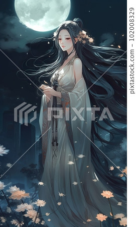 Japanese cartoon anime girl in a kimono dress in a flower field on a full moon 102008329