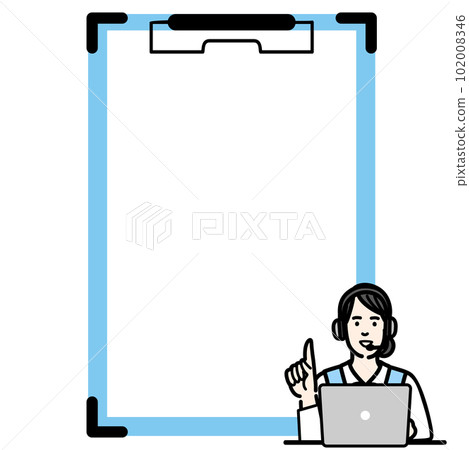 Young female operator sitting in front of a laptop and explaining with a binder 102008346
