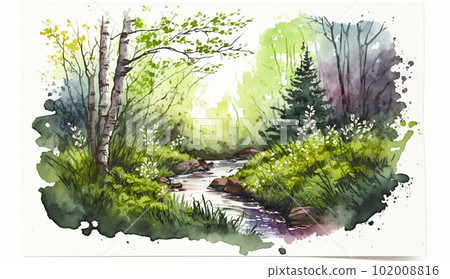 Spring to summer deciduous forest watercolor 102008816