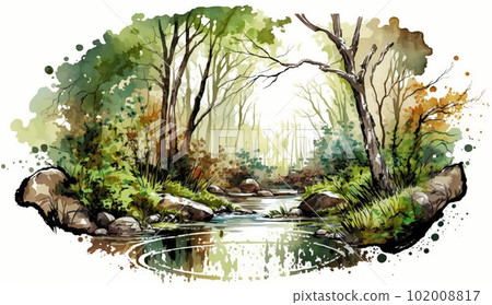 春天到夏天的落葉林水彩 102008817