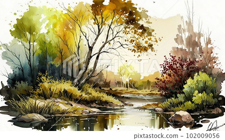 秋天的落葉林水彩 102009056