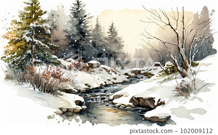 Winter deciduous forest watercolor 102009112