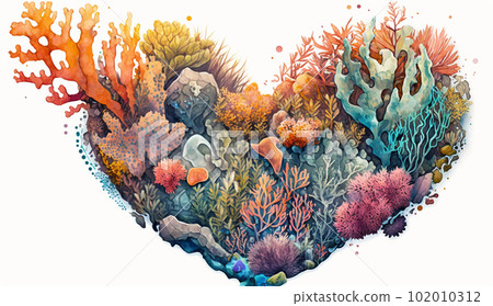 珊瑚礁圖像心形標記的水彩畫 102010312