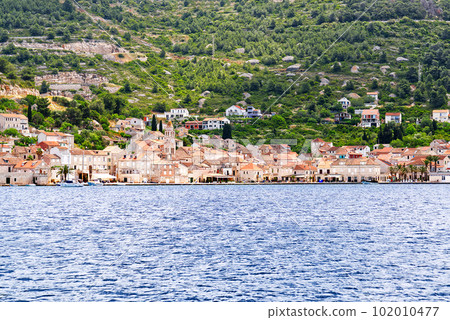 Island of Vis bay aerial view, Croatia. Europe paradice Vis Island in bay of adriatic sea. Island of Vis bay aerial view, Croatia. Europe paradice Vis Island in bay of adriatic sea. 102010477