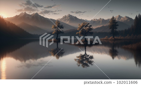 安靜的湖泊和森林在水面上的倒影 安靜的湖泊和森林在水面上的倒影 102011606