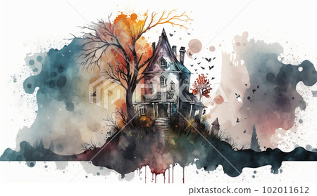 萬聖節圖像：舊宅中飛蝙蝠的水彩畫 102011612