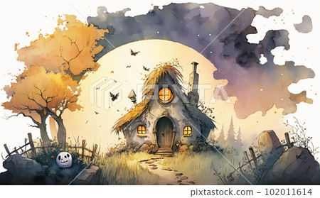 Halloween image: watercolor painting with flying bats in an old mansion 102011614