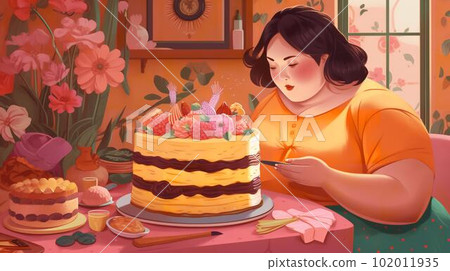 在家吃蛋糕和糖果的快樂胖女人(生成 AI) 在家吃蛋糕和糖果的快樂胖女人(生成 AI) 102011935