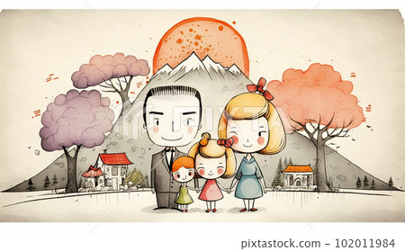 Watercolor painting of nuclear family full of happiness 102011984