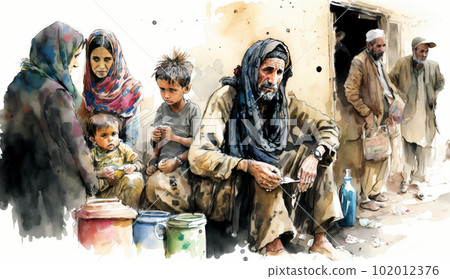 Watercolor painting of Iranian and Palestinian refugees in poverty Watercolor painting of Iranian and Palestinian refugees in poverty 102012376