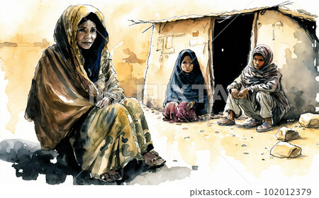 Watercolor painting of Iranian and Palestinian refugees in poverty 102012379