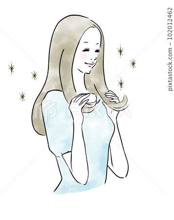 Long-haired woman touching her beautiful hair Long-haired woman touching her beautiful hair 102012462