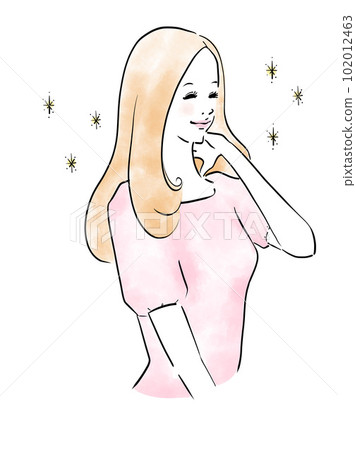 接觸她美麗的頭髮的長發婦女 接觸她美麗的頭髮的長發婦女 102012463