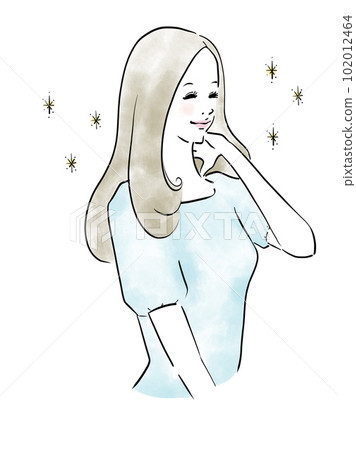 Long-haired woman touching her beautiful hair 102012464