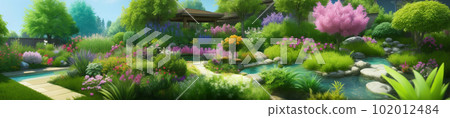 一個充滿自然全景大小寬景觀的花園的插圖 一個充滿自然全景大小寬景觀的花園的插圖 102012484