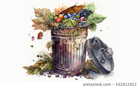 Food loss: watercolor painting of food that is still edible being thrown away in the trash Food loss: watercolor painting of food that is still edible being thrown away in the trash 102012922
