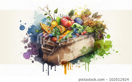 Food loss: watercolor painting of food that is still edible being thrown away in the trash 102012924