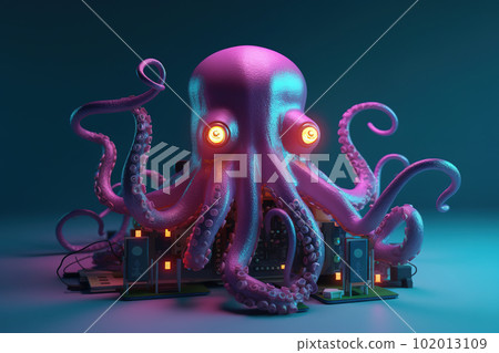 An octopus with light that is in the digital world on a dark background. Sea animals. illustration, generative AI. 102013109