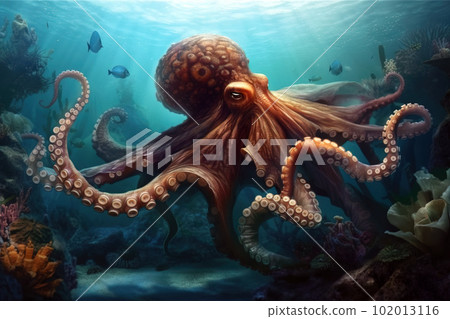 image of a giant octopus swimming under the sea. underwater animals. illustration, generative AI. image of a giant octopus swimming under the sea. underwater animals. illustration, generative AI. 102013116