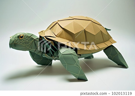 Image of paper origami art. Handmade paper green turtle. Underwater Animals. illustration, generative AI 102013119