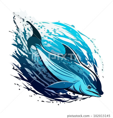 Flat illustration of a dolphin in blue splashes of waves. For your design. Flat illustration of a dolphin in blue splashes of waves. For your design. 102013145