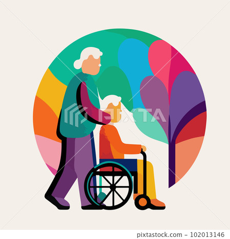 Flat cartoon drawing of an elderly couple, a lady in a gurney on a colored background. For your design. Flat cartoon drawing of an elderly couple, a lady in a gurney on a colored background. For your design. 102013146