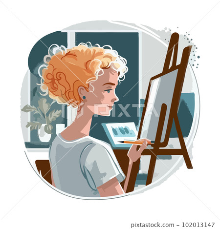 Flat cartoon drawing of a young female artist with an easel. For your design. Flat cartoon drawing of a young female artist with an easel. For your design. 102013147