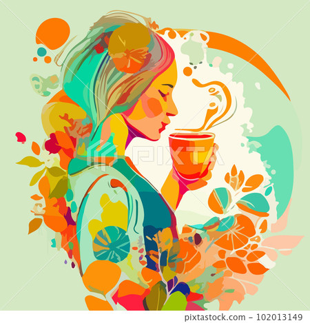 A beautiful girl drinks a drink from a cup on a colored background in an ornament of flowers. For your design. A beautiful girl drinks a drink from a cup on a colored background in an ornament of flowers. For your design. 102013149