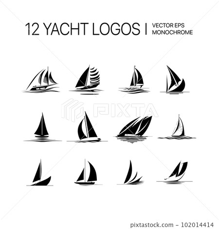 Set of yachts with sails. Illustration of sailboats. Vector yacht logos collection. Vector illustration 102014414