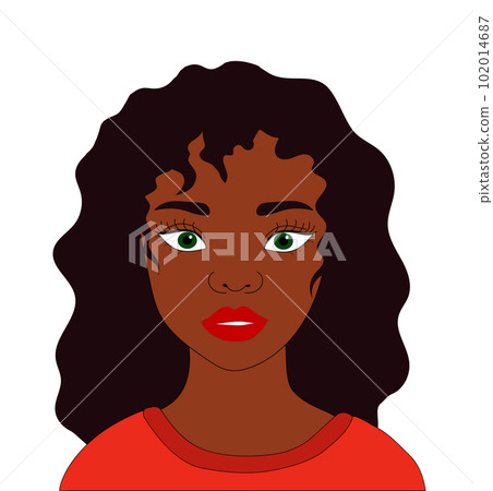 Black young woman. Vector illustration of a black girl with curly long hair and green eyes. Poster, postcard, avatar, icon. Black young woman. Vector illustration of a black girl with curly long hair and green eyes. Poster, postcard, avatar, icon. 102014687