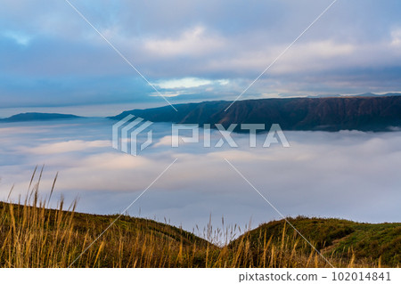 Daikanbo's sea of clouds and autumn leaves in the morning [Aso City, Kumamoto Prefecture] 102014841