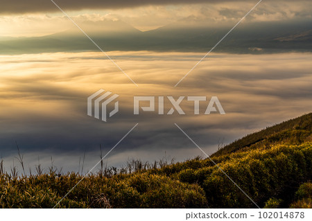 Daikanbo's sea of clouds and autumn leaves in the morning [Aso City, Kumamoto Prefecture] 102014878