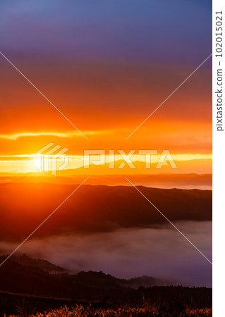 Daikanbo's Sea of Clouds and Autumn Leaves Sunrise [Aso City, Kumamoto Prefecture] 102015021