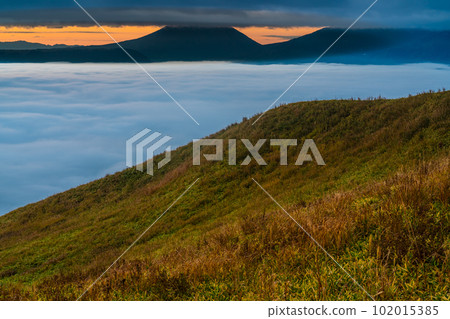 Daikanbo's Sea of Clouds and Autumn Leaves Before Dawn [Aso City, Kumamoto Prefecture] 102015385