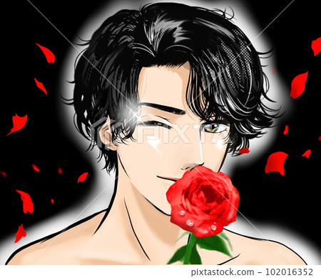 乙女遊戲風卡通插畫半裸黑髮燙髮帥哥單手對著玫瑰眨眼 102016352