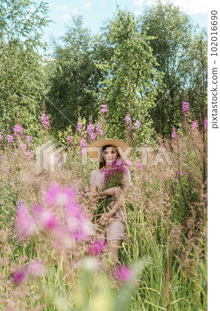 young woman in nature with a bouquet of pink wild flowers. A bouquet of Ivan-tea in the hands of a woman. young woman in nature with a bouquet of pink wild flowers. A bouquet of Ivan-tea in the hands of a woman. 102016690