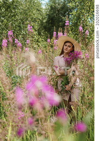 young woman in nature with a bouquet of pink wild flowers. A bouquet of Ivan-tea in the hands of a woman. young woman in nature with a bouquet of pink wild flowers. A bouquet of Ivan-tea in the hands of a woman. 102016698