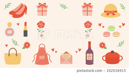Frame illustration of red roses and gifts for women. Thumbnails, title material. 102016915