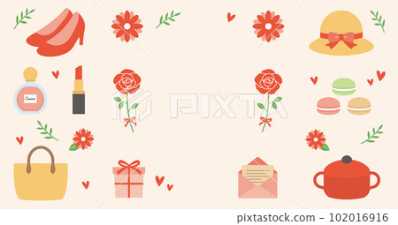 Frame illustration of red roses and gifts for women. Thumbnails, title material. Frame illustration of red roses and gifts for women. Thumbnails, title material. 102016916